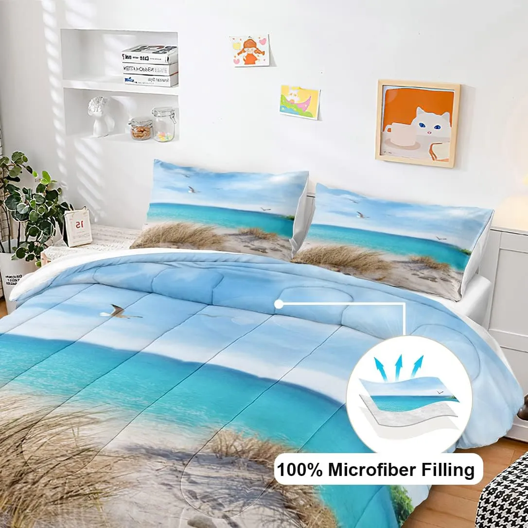 MOVE OVER Blue Ocean Bedding Set Beach Themed Comforter Set Queen Size 4 Pcs White Seagull and Seaside Rocks Seascape Pattern Blue Island Scenery Coastal Bedding Sets Ocean Beach Bedding Sets