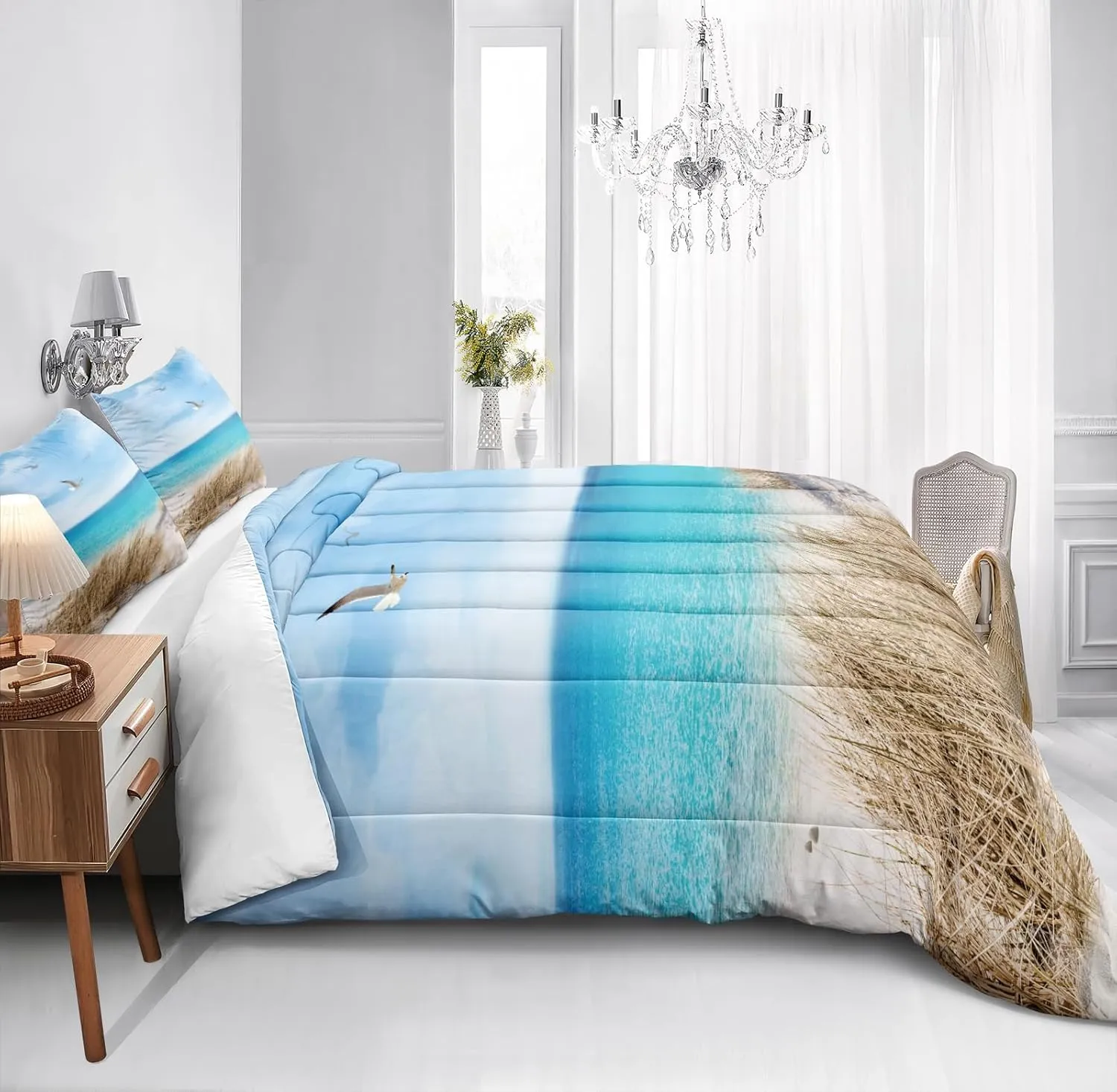 MOVE OVER Blue Ocean Bedding Set Beach Themed Comforter Set Queen Size 4 Pcs White Seagull and Seaside Rocks Seascape Pattern Blue Island Scenery Coastal Bedding Sets Ocean Beach Bedding Sets