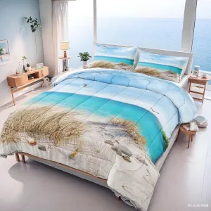 MOVE OVER Blue Ocean Bedding Set Beach Themed Comforter Set Queen Size 4 Pcs White Seagull and Seaside Rocks Seascape Pattern Blue Island Scenery Coastal Bedding Sets Ocean Beach Bedding Sets