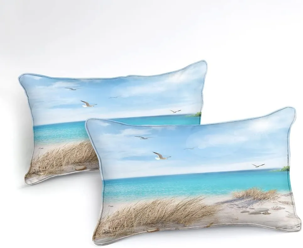 MOVE OVER Blue Ocean Bedding Set Beach Themed Comforter Set Queen Size 4 Pcs White Seagull and Seaside Rocks Seascape Pattern Blue Island Scenery Coastal Bedding Sets Ocean Beach Bedding Sets