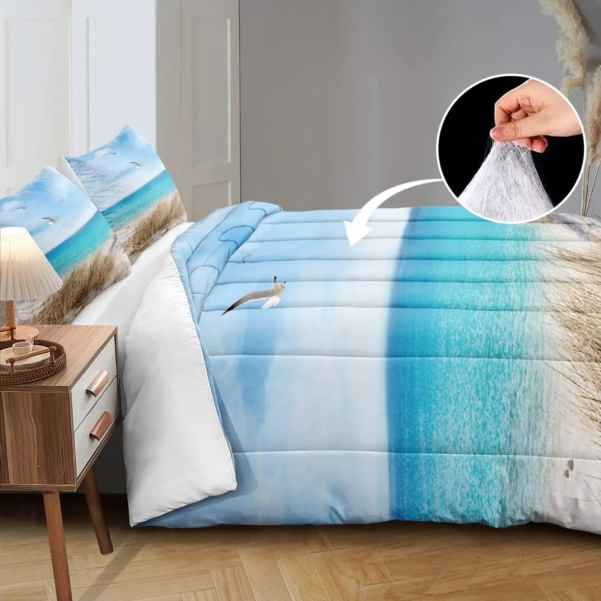 MOVE OVER Blue Ocean Bedding Set Beach Themed Comforter Set Queen Size 4 Pcs White Seagull and Seaside Rocks Seascape Pattern Blue Island Scenery Coastal Bedding Sets Ocean Beach Bedding Sets