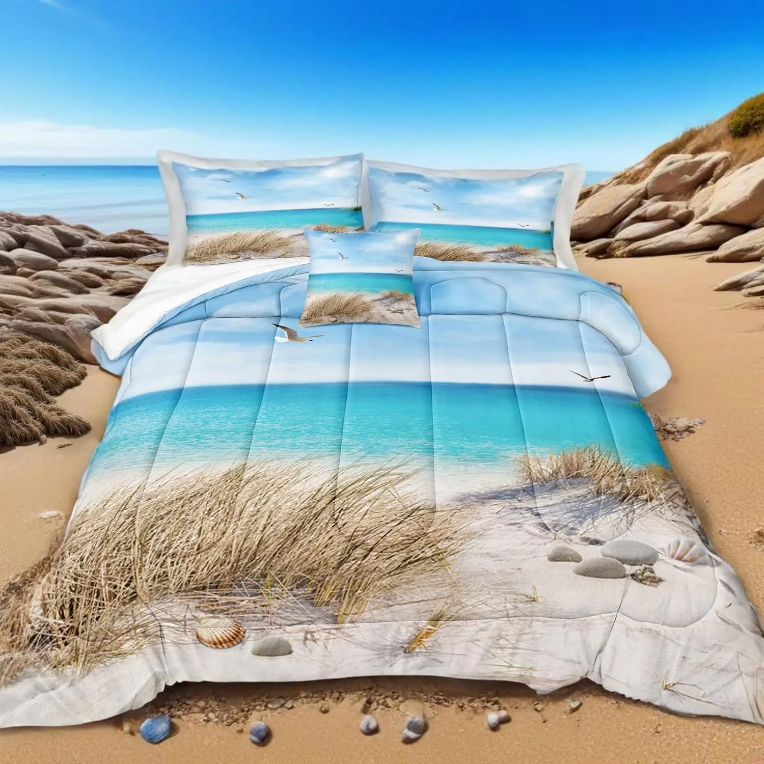 MOVE OVER Blue Ocean Bedding Set Beach Themed Comforter Set Queen Size 4 Pcs White Seagull and Seaside Rocks Seascape Pattern Blue Island Scenery Coastal Bedding Sets Ocean Beach Bedding Sets