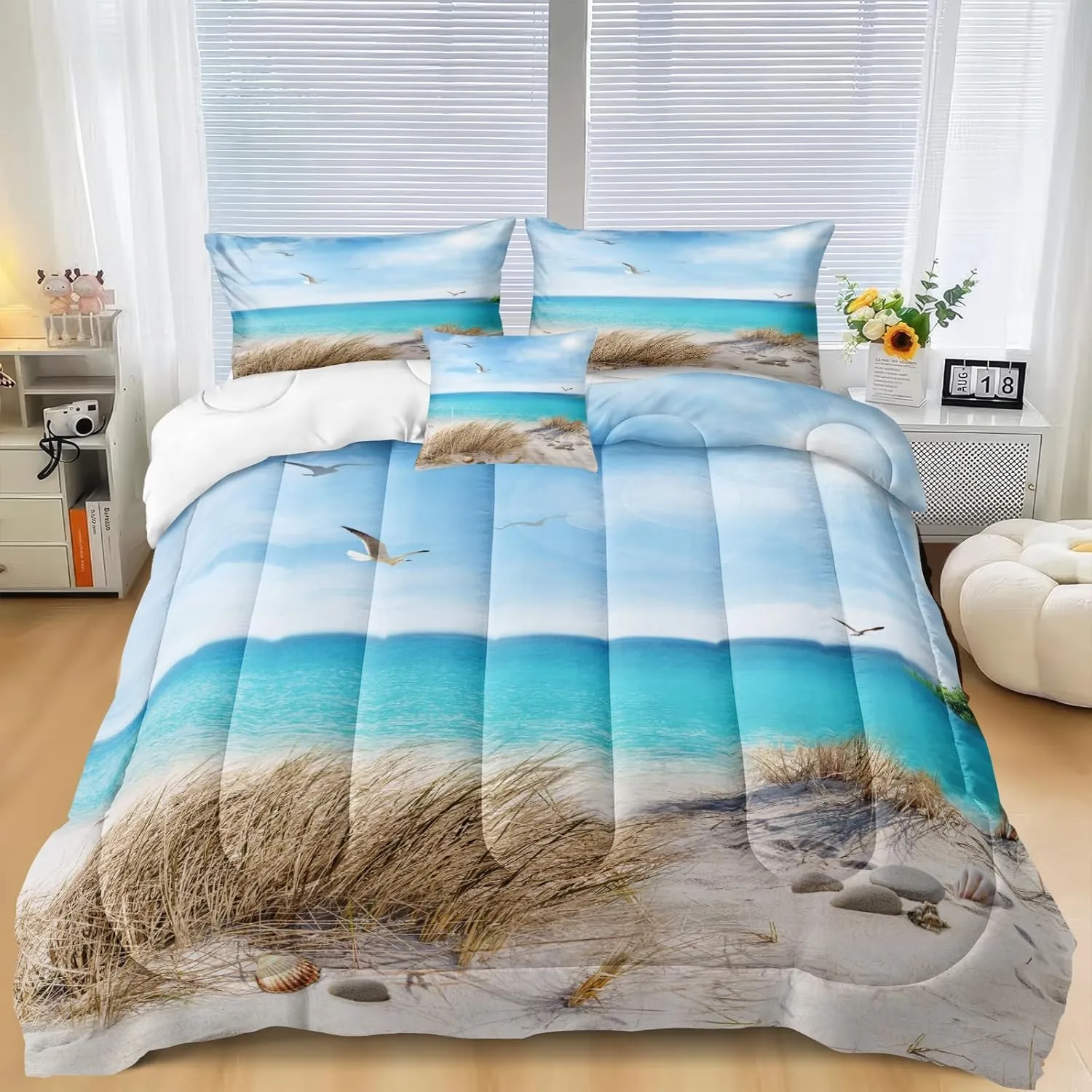 MOVE OVER Blue Ocean Bedding Set Beach Themed Comforter Set Queen Size 4 Pcs White Seagull and Seaside Rocks Seascape Pattern Blue Island Scenery Coastal Bedding Sets Ocean Beach Bedding Sets