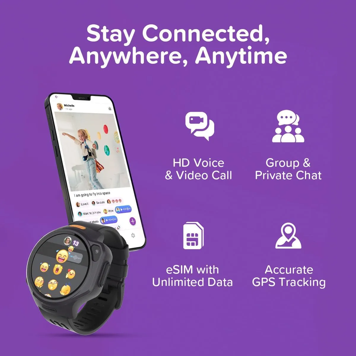 myFirst Fone R2 Kids Smartwatch with eSIM Video Calls Messaging Real-Time GPS Tracking SOS Button Safety Alerts School Mode Music Player Ages 5-12, For USA & Canada Gift for Boys & Girls (Acai Purple)