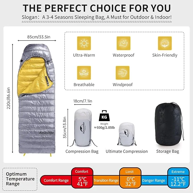 Naturehike Ultralight Down Cold Weather Sleeping Bag, 750/550FP Compact Sleeping Bag 3-4 Season for Adults & Kids, Waterproof - Backpacking, Camping, Hiking, Traveling with Compression Sack