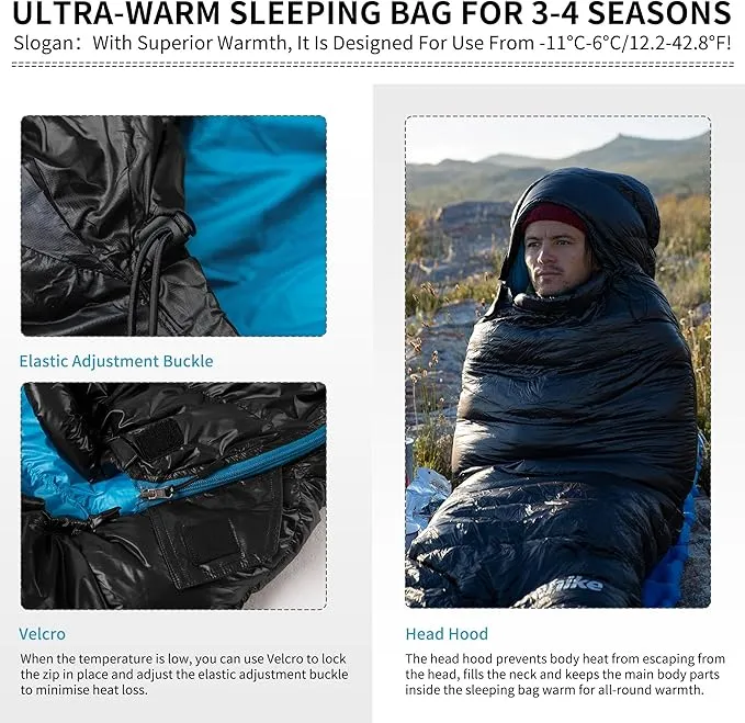 Naturehike Ultralight Down Cold Weather Sleeping Bag, 750/550FP Compact Sleeping Bag 3-4 Season for Adults & Kids, Waterproof - Backpacking, Camping, Hiking, Traveling with Compression Sack