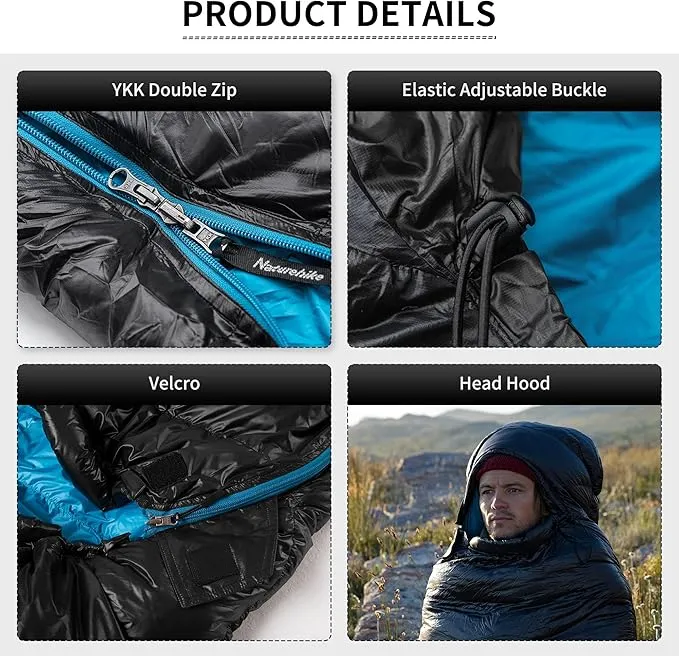 Naturehike Ultralight Down Cold Weather Sleeping Bag, 750/550FP Compact Sleeping Bag 3-4 Season for Adults & Kids, Waterproof - Backpacking, Camping, Hiking, Traveling with Compression Sack