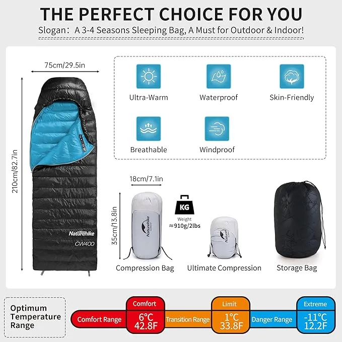 Naturehike Ultralight Down Cold Weather Sleeping Bag, 750/550FP Compact Sleeping Bag 3-4 Season for Adults & Kids, Waterproof - Backpacking, Camping, Hiking, Traveling with Compression Sack