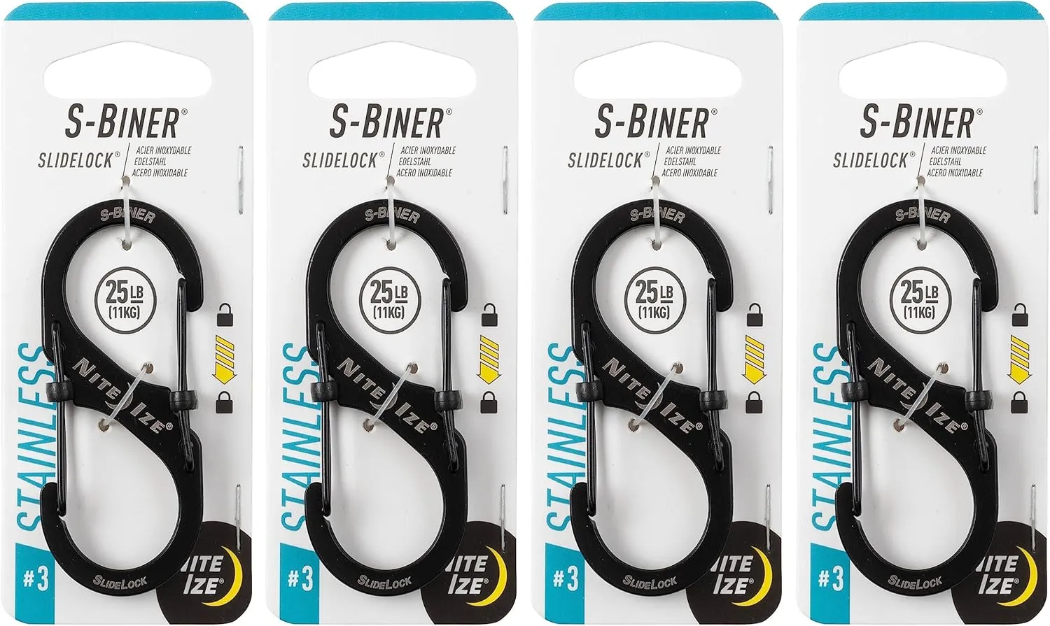 Nite Ize S-Biner Slidelock Stainless Steel - Double-Gated Design - Carabiner Clip with Locking Gates - Dual Carabiner Holder for Keys, Water Bottles & Gear - Size 3, Black, 4 Count (4 Pack)