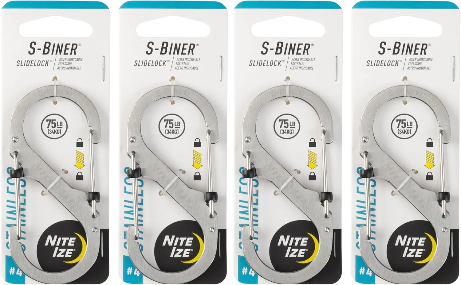 Nite Ize S-Biner SlideLock Stainless Steel - Secure Key Holder Carabiner with SlideLocks - Key & Keychain Organizer - Lockable Carabiner for Daily Use - 75lb Weight Rating - Size 4, Stainless (4 Pack)