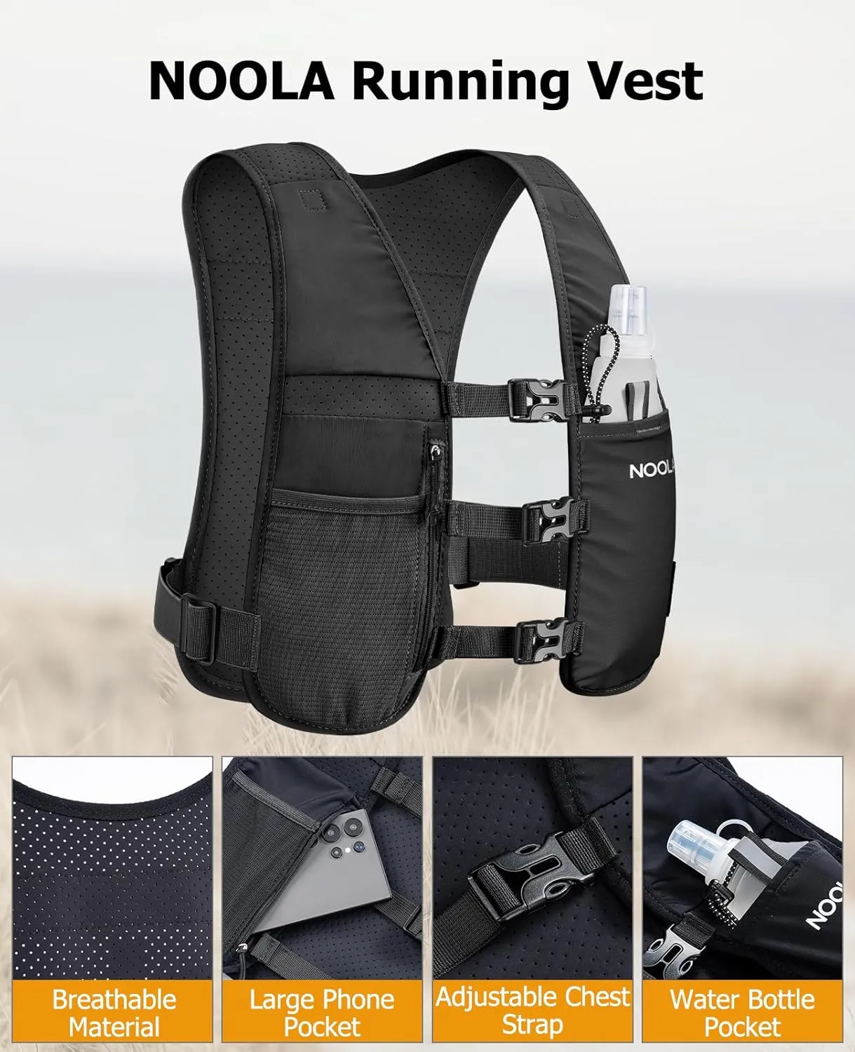 NOOLA Running Vest for Men Women, Adjustable Running Hydration Vest with 500ml Soft Flask, Water Backpack with Phone Holder