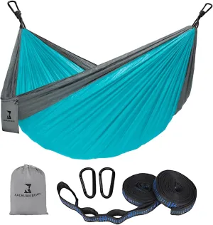 Nylon durable camping hammock - portable outdoor hammock | ultra lightweight and tear resistant/Tree Straps and Attached Carry Bag - Portable for Travel/Backpacking/Beach/Backyard (Black & Light Blue)