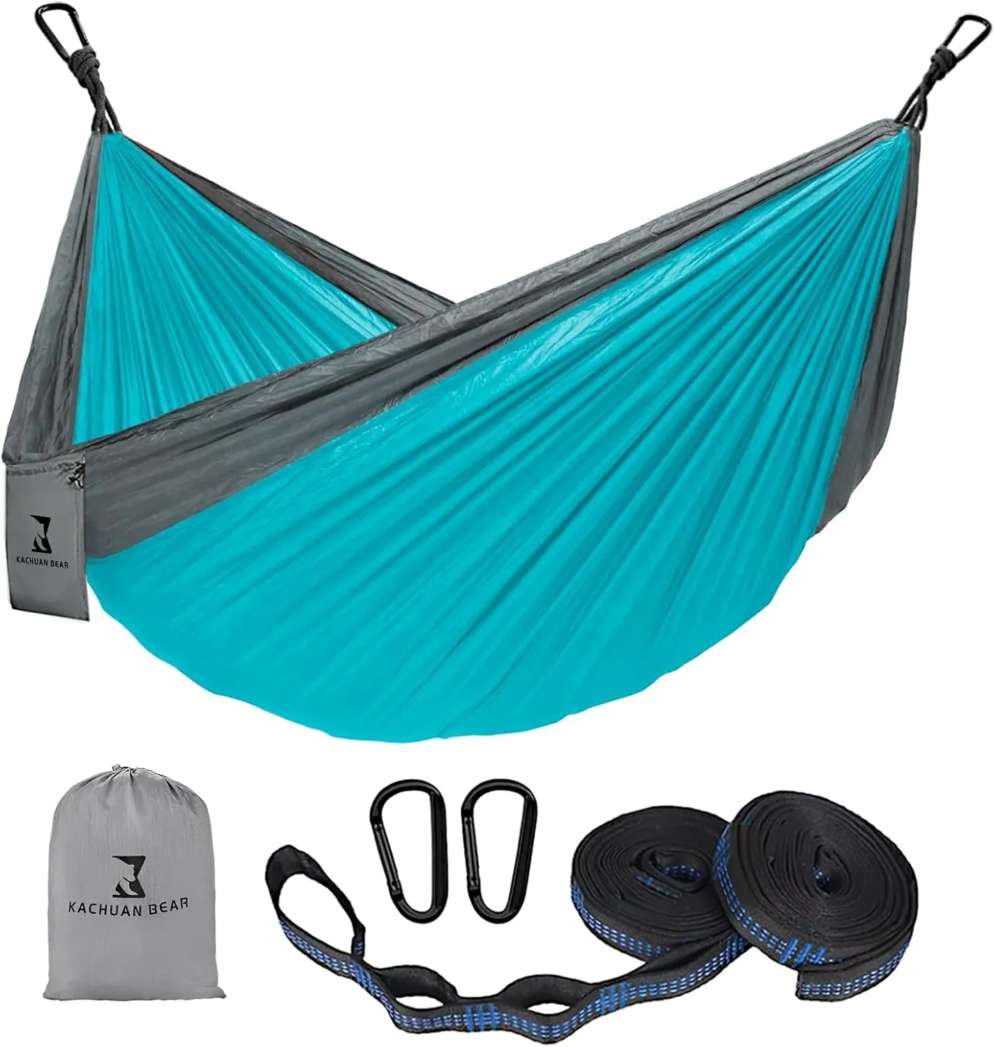 Nylon durable camping hammock - portable outdoor hammock | ultra lightweight and tear resistant/Tree Straps and Attached Carry Bag - Portable for Travel/Backpacking/Beach/Backyard (Black & Light Blue)