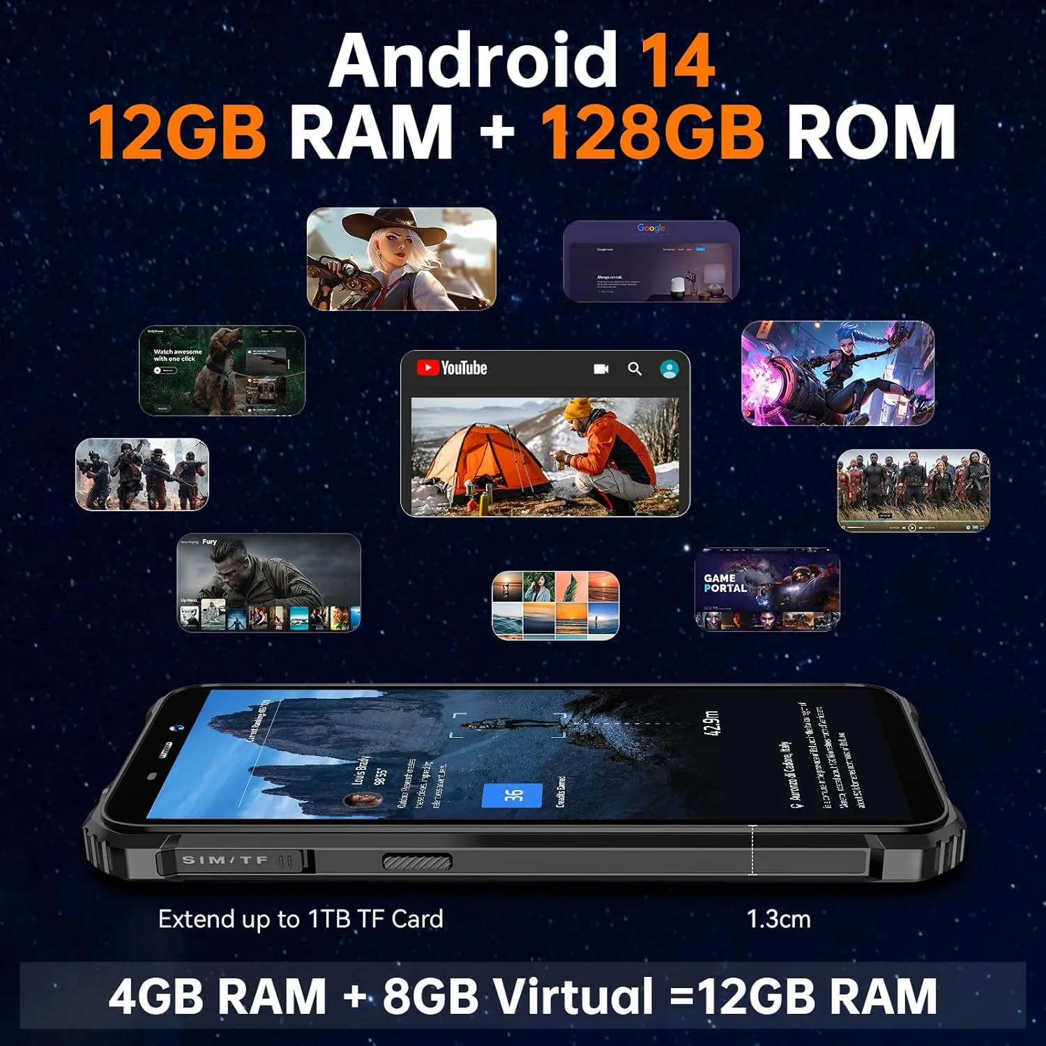 OUKITEL WP32 Rugged Smartphone Unlocked - 12GB 128GB 1TB Expansion Rugged Phone Android 14, 6300mAh Battery, 20MP 5MP Cell Phone, 6.0" HD  Screen, 4G Dual SIM, IP68/IP69K, NFC,OTG,GPS,T-Mobile, Black