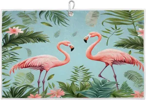 Palm Leaf Flamingo Watercolor Flower Golf Towel with Heavy Duty Carabiner Ultra Absorbent Quick Dry Perfect for Cleaning Clubs Balls Gear Essential Golf Accessory for Men Women Kids
