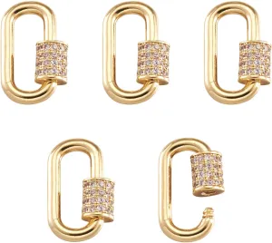 Pandahall 5Pcs Brass Oval Screw Carabiner Lock Charms Clasps 17.3x10.5x2mm Real 18K Gold Long-Lasting Plated Micro Pave Cubic Zirconia Keychain Clip Hook for Necklaces Jewelry Making