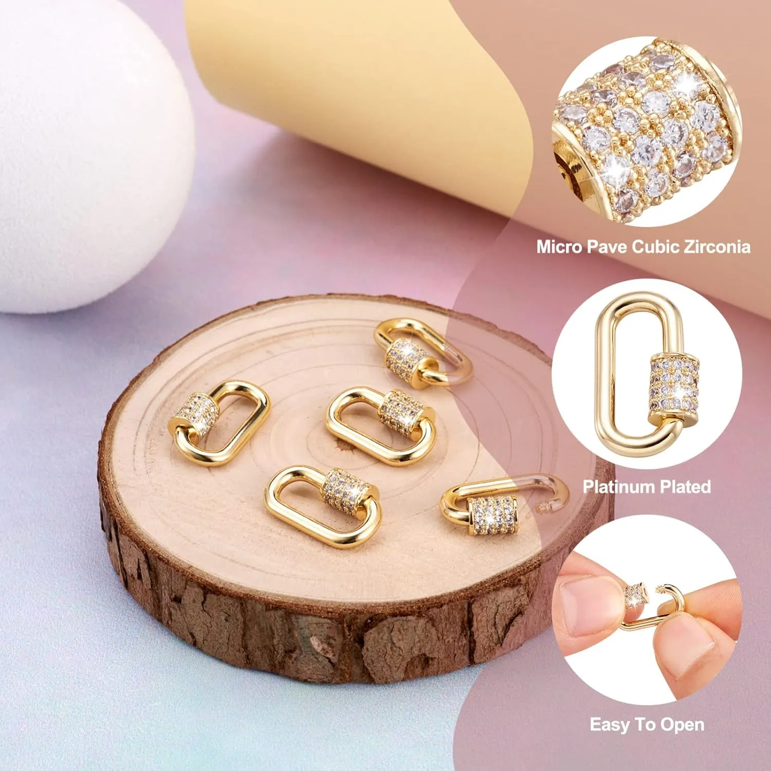 Pandahall 5Pcs Brass Oval Screw Carabiner Lock Charms Clasps 17.3x10.5x2mm Real 18K Gold Long-Lasting Plated Micro Pave Cubic Zirconia Keychain Clip Hook for Necklaces Jewelry Making