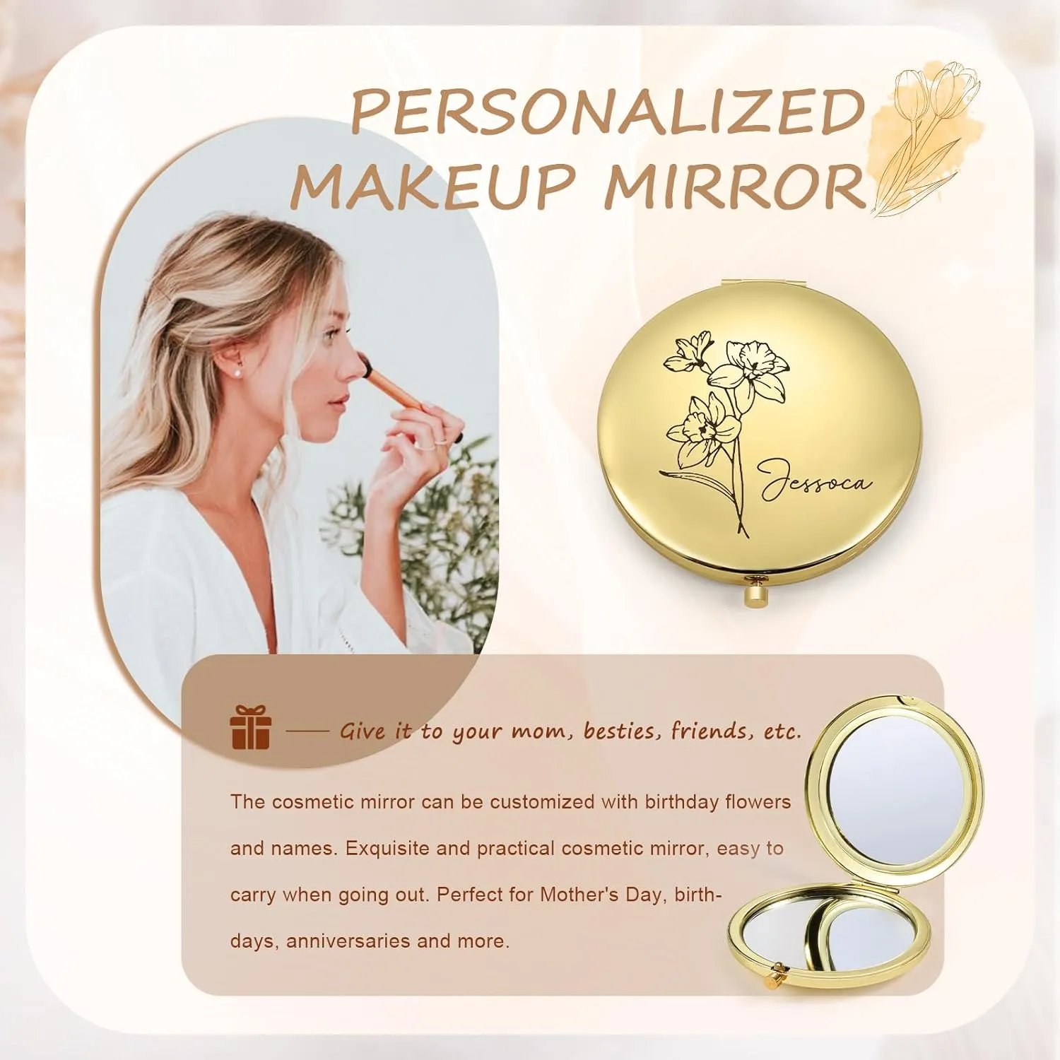 Personalized Compact Mirror for Women - Custom Birthflower Portable Travel Makeup Handheld Small Mirror for Women Mom Bridesmaid Mother Gift Mother Day Birthday