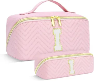 Personalized Initial pink Makeup Bag | Trendy Girls Make up bags, Large Capacity Cosmetic Bags Organizer for Women, Portable Leather Waterproof Open Flat Toiletry Bag for Teen friends teacher Gifts I