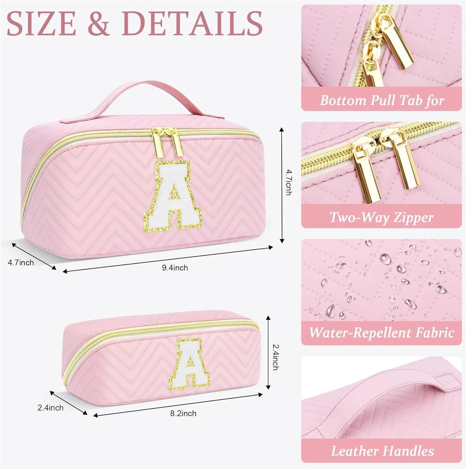 Personalized Initial pink Makeup Bag | Trendy Girls Make up bags, Large Capacity Cosmetic Bags Organizer for Women, Portable Leather Waterproof Open Flat Toiletry Bag for Teen friends teacher Gifts V