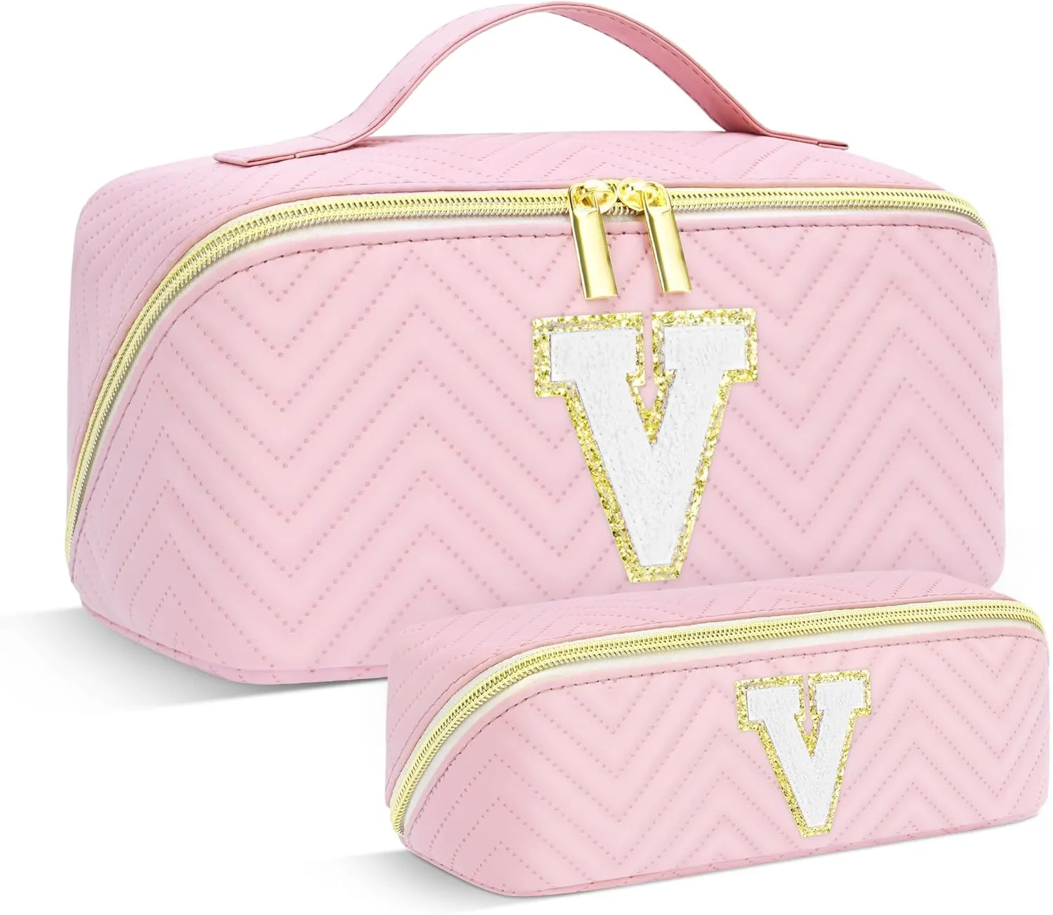 Personalized Initial pink Makeup Bag | Trendy Girls Make up bags, Large Capacity Cosmetic Bags Organizer for Women, Portable Leather Waterproof Open Flat Toiletry Bag for Teen friends teacher Gifts V