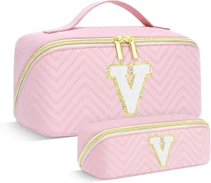 Personalized Initial pink Makeup Bag | Trendy Girls Make up bags, Large Capacity Cosmetic Bags Organizer for Women, Portable Leather Waterproof Open Flat Toiletry Bag for Teen friends teacher Gifts V