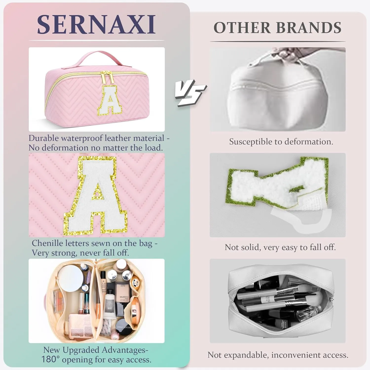 Personalized Initial pink Makeup Bag | Trendy Girls Make up bags, Large Capacity Cosmetic Bags Organizer for Women, Portable Leather Waterproof Open Flat Toiletry Bag for Teen friends teacher Gifts V