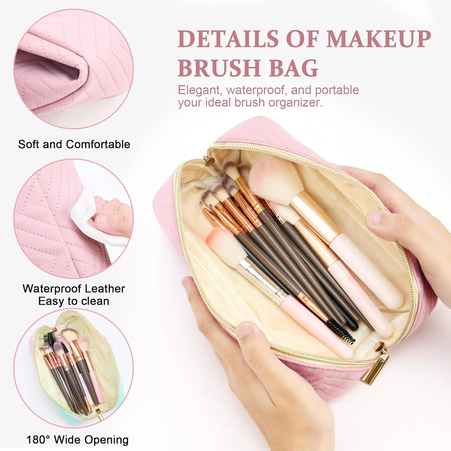 Personalized Initial pink Makeup Bag | Trendy Girls Make up bags, Large Capacity Cosmetic Bags Organizer for Women, Portable Leather Waterproof Open Flat Toiletry Bag for Teen friends teacher Gifts V