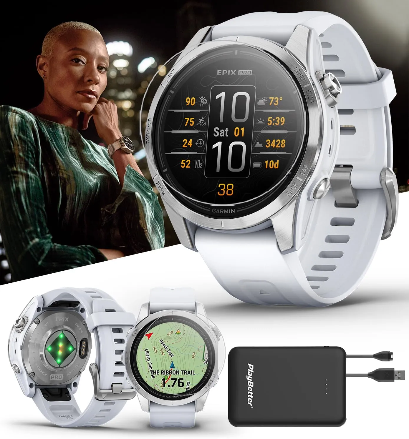 PlayBetter Garmin epix Pro (Gen 2) (Silver/Whitestone, 42mm) GPS Outdoor Watch Bundle - AMOLED Display & Built-in Flashlight - Includes Screen Protectors & Portable Charger