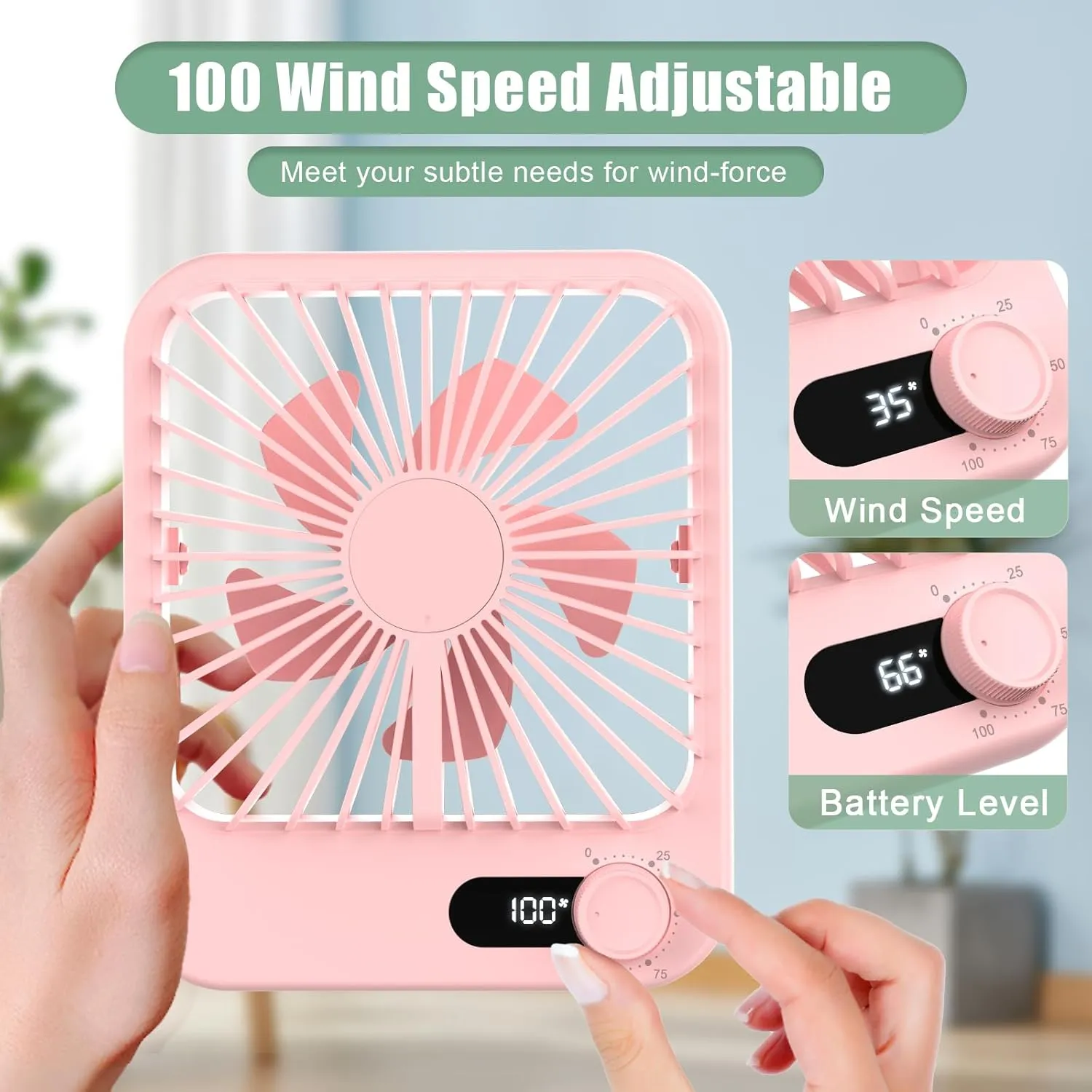 Portable Fan Rechargeable, Small Desk Fan Quiet, 180°Tilt Adjustable Personal Fan for Sleeping, Battery Operated, 100 Speeds, Table Fan for Bedroom Office Home Outdoor, Pink
