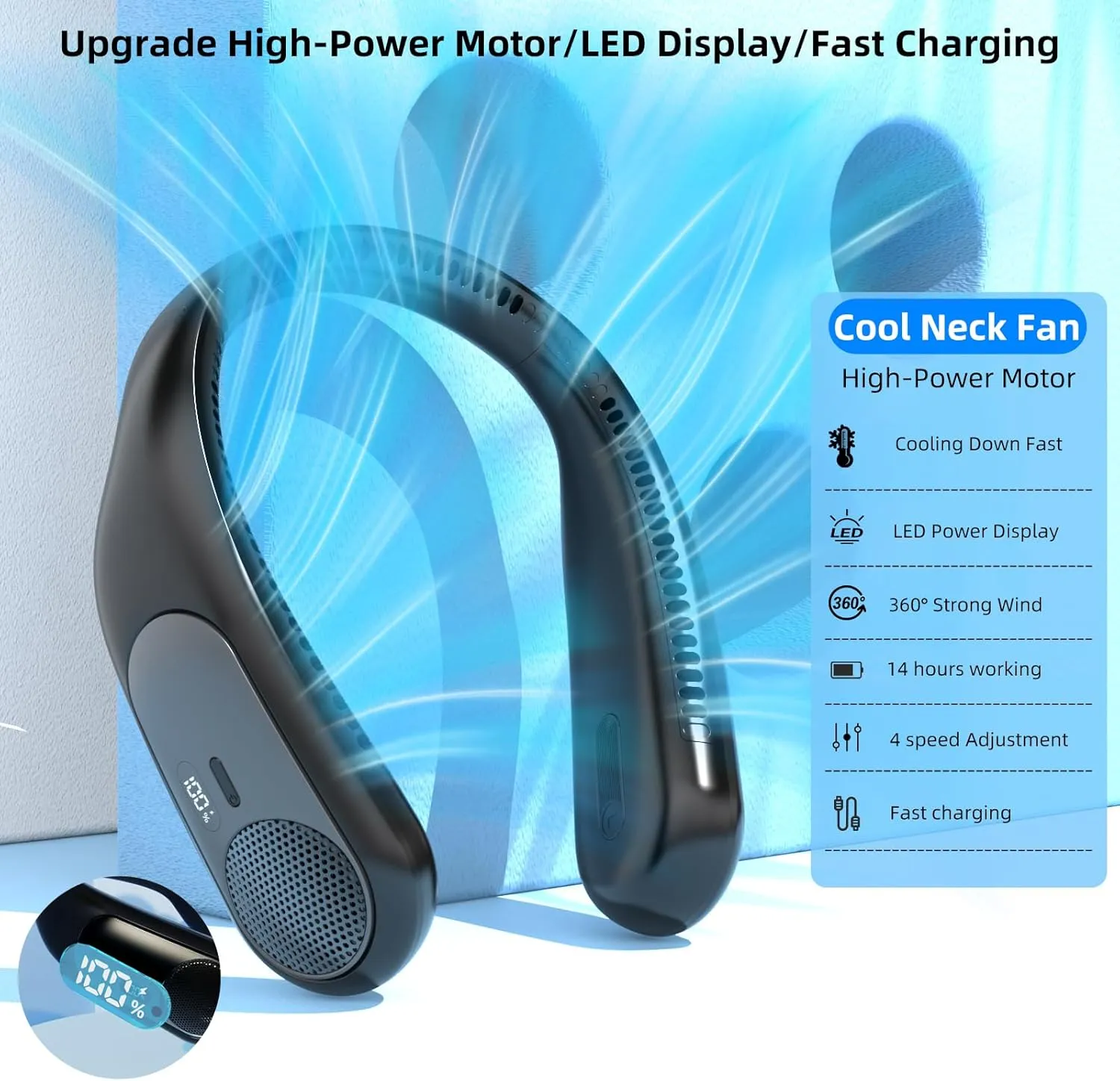 Portable Neck Fan,Personal Hands Free Bladeless Fan,360° Strong Cooling Fan,LED Display, 4-Speeds,6000mAh USB Rechargeable,Long Use Time,Wearable Fan,Gifts for Men Women Dad Mom (Black)