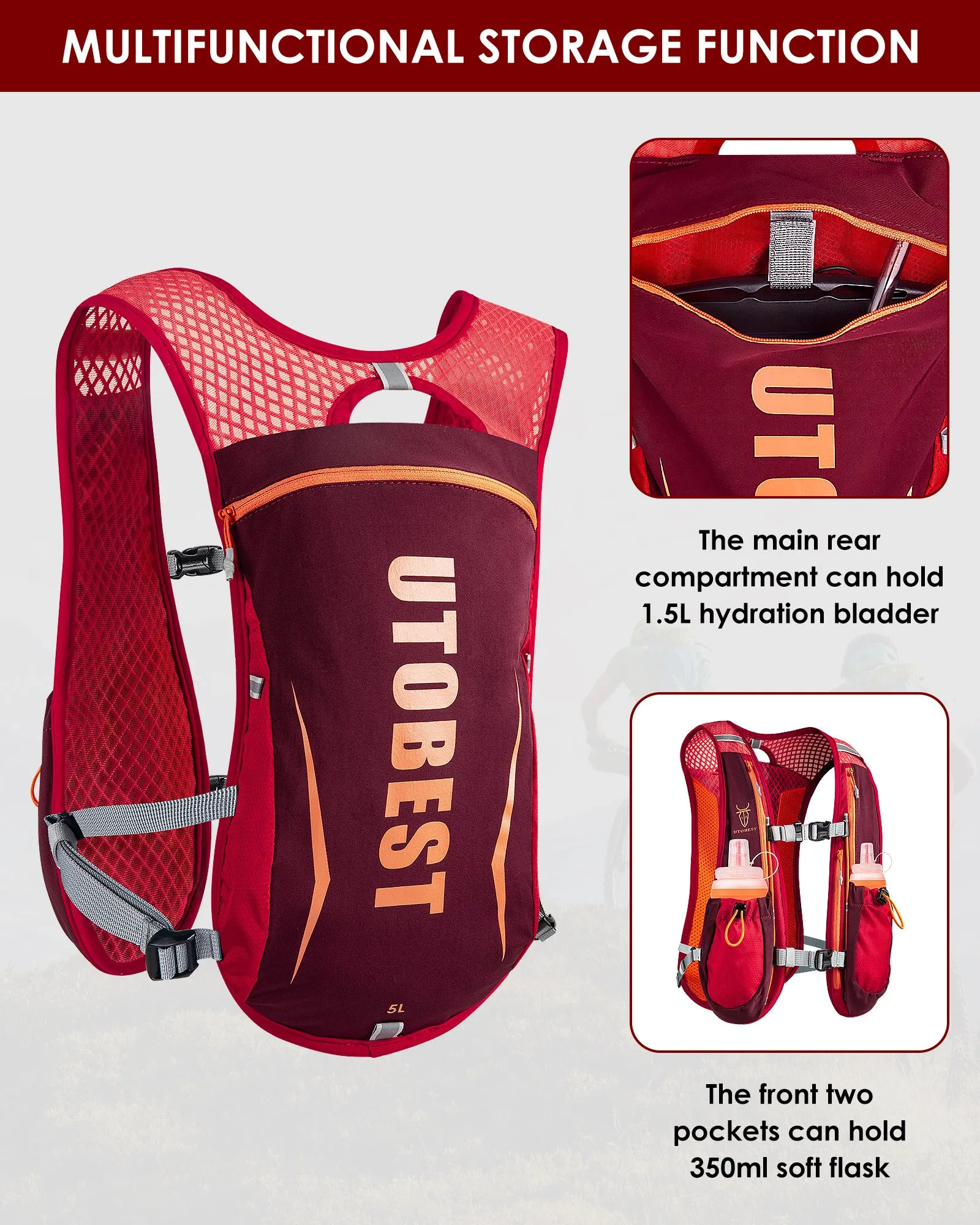 Premium Hydration Running Backpack – 5L Ultra-Lightweight Breathable Vest for Marathon, Cycling, and Hiking – Comfortable, Multi-pocket Pack with Reflective Safety Strips