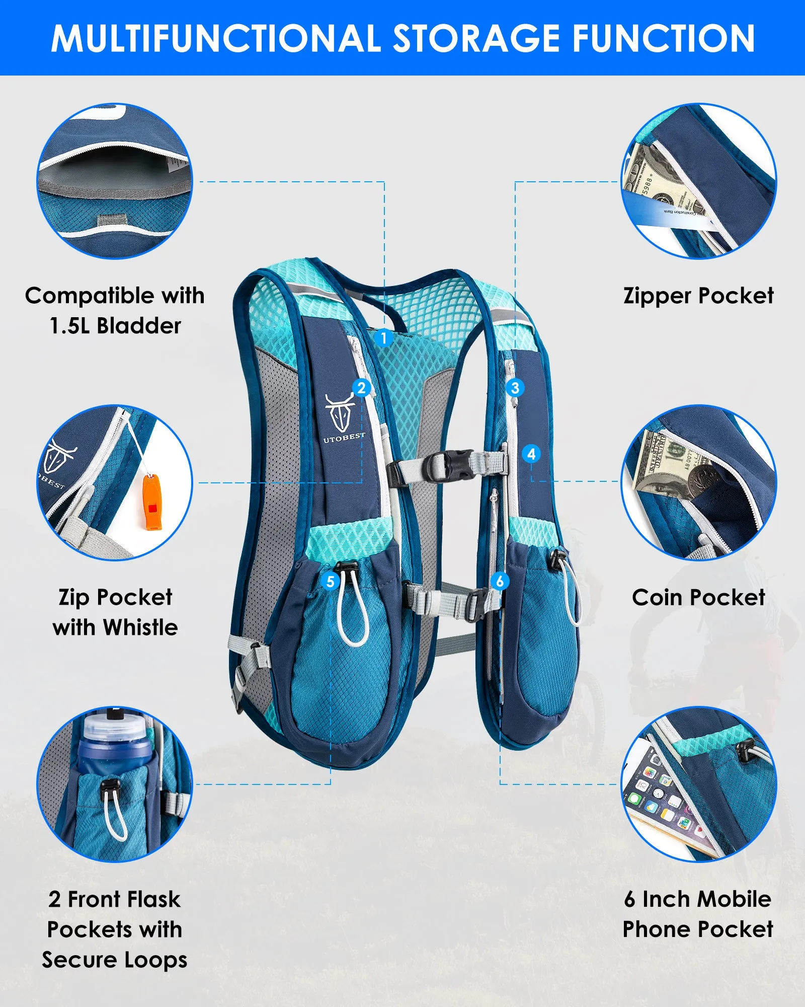 Premium Hydration Running Backpack – 5L Ultra-Lightweight Breathable Vest for Marathon, Cycling, and Hiking – Comfortable, Multi-pocket Pack with Reflective Safety Strips