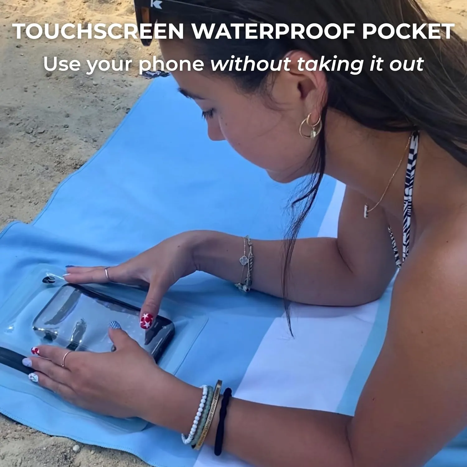 Quick Dry Beach Towel with Waterproof Phone Pocket – Sand Free, Compact Travel Towel for Pool, Boat, Camping & Outdoor Adventures (Blue)