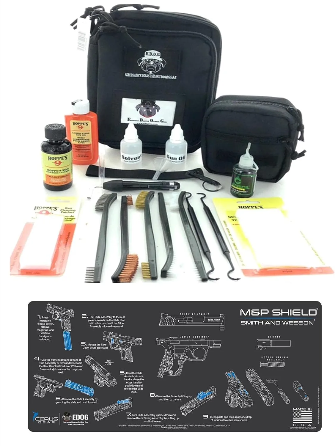 RangeMaster Elite EDC Bag Gun Cleaning Kit- Compatible for S&W M&P Shield - Instructional Step by Step Mat with Hoppes Gun Oil No.9 Solvent & Patches Clenzoil CLP 10 Pc Cleaning Accessories Set