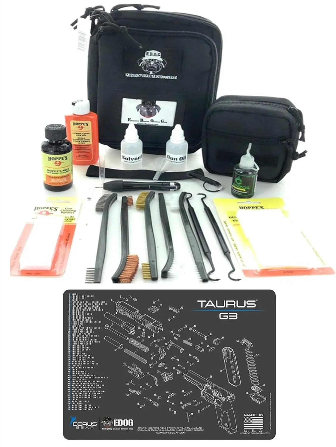 RangeMaster Elite EDC Bag Gun Cleaning Kit- Compatible for Taurus G3 - Schematic Mat (Exploded View) with Hoppes Gun Oil No.9 Solvent & Patches Clenzoil CLP 10 Pc Cleaning Accessories Set