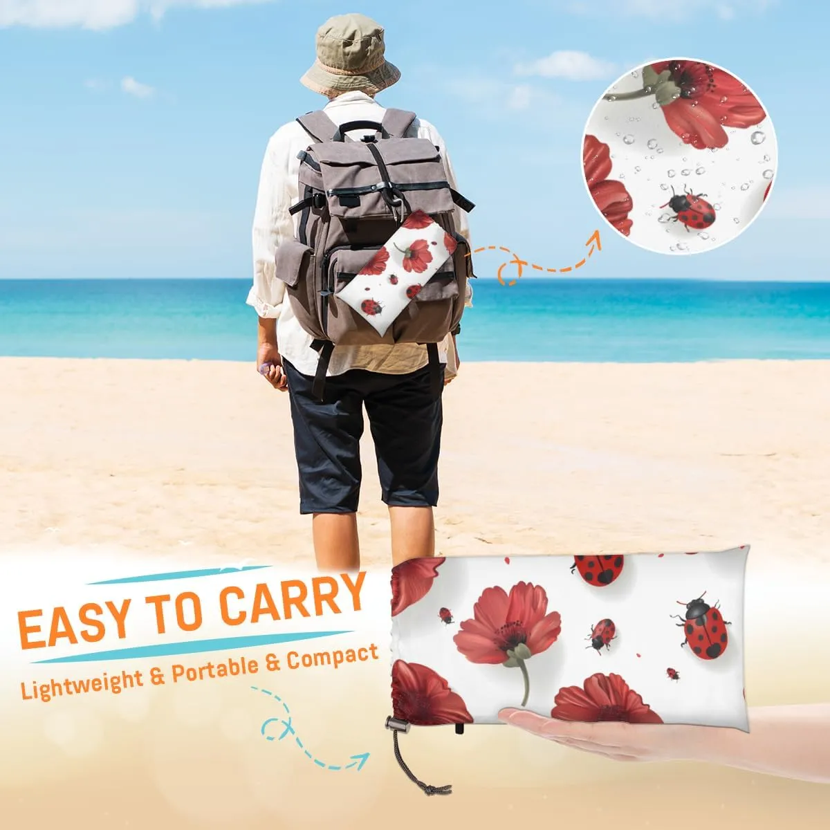 Red Ladybugs Beach Blanket for Adults, 59" x 68" Waterproof Outdoor Picnic Blanket Mat Sand Proof Extra Large Floral Ladybugs Picnic Mat for Beach Travel Camping