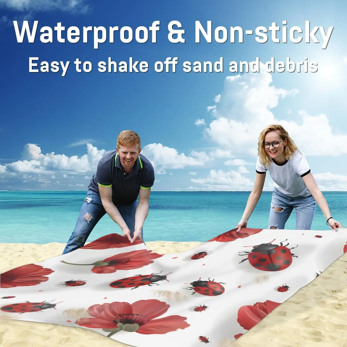 Red Ladybugs Beach Blanket for Adults, 59" x 68" Waterproof Outdoor Picnic Blanket Mat Sand Proof Extra Large Floral Ladybugs Picnic Mat for Beach Travel Camping