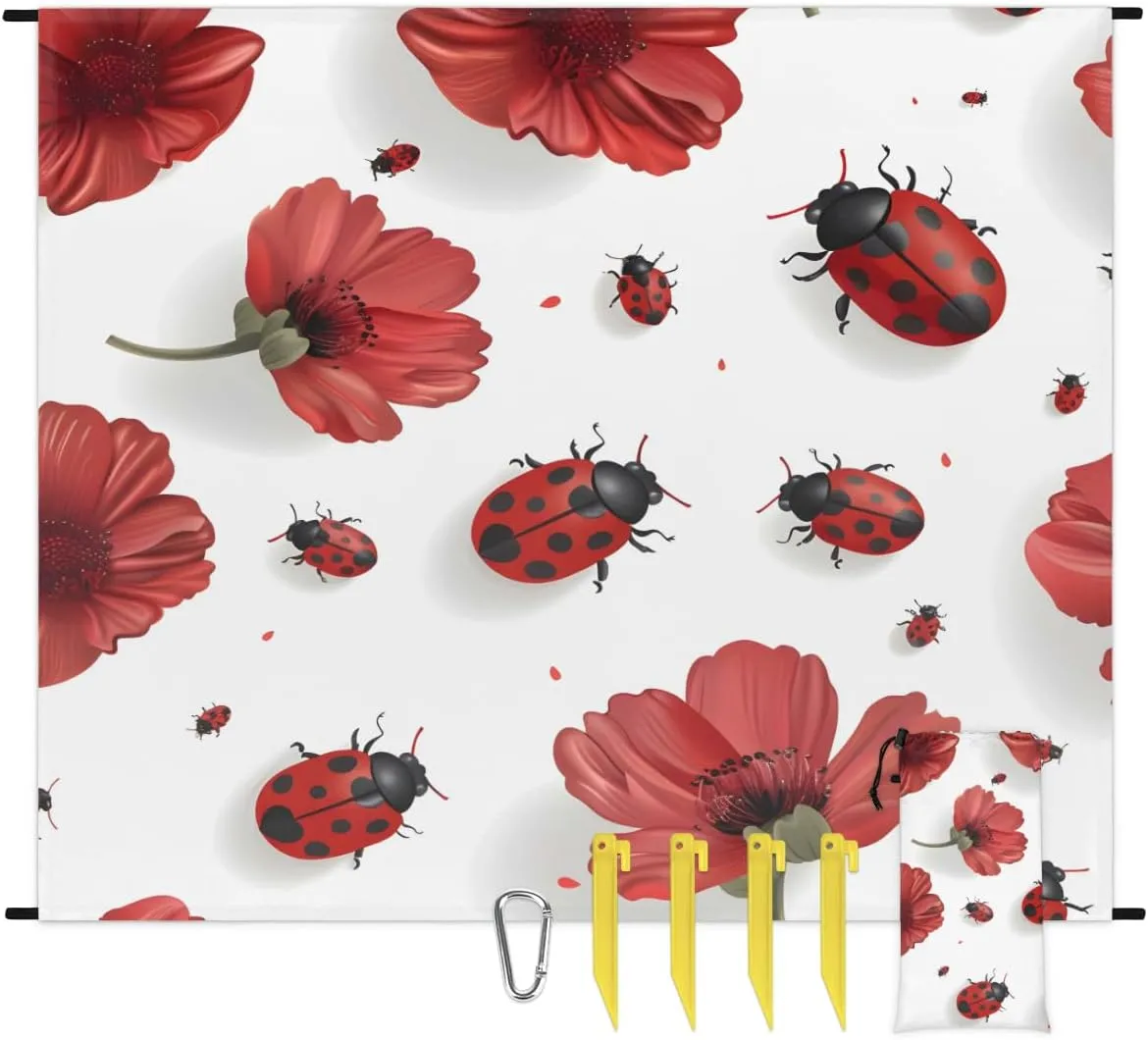 Red Ladybugs Beach Blanket for Adults, 59" x 68" Waterproof Outdoor Picnic Blanket Mat Sand Proof Extra Large Floral Ladybugs Picnic Mat for Beach Travel Camping