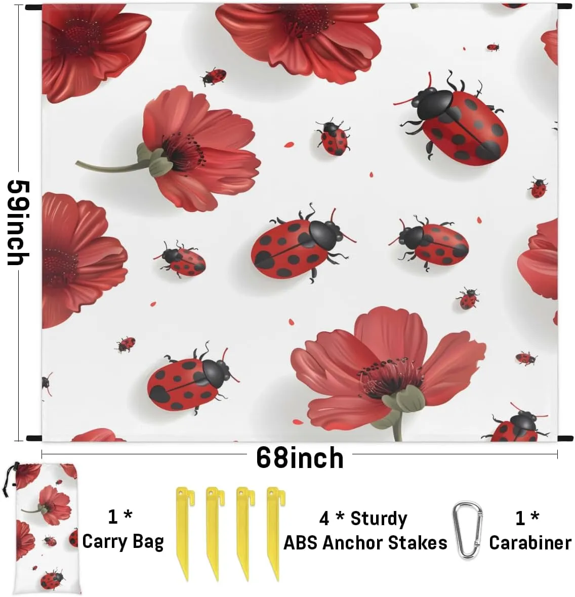 Red Ladybugs Beach Blanket for Adults, 59" x 68" Waterproof Outdoor Picnic Blanket Mat Sand Proof Extra Large Floral Ladybugs Picnic Mat for Beach Travel Camping