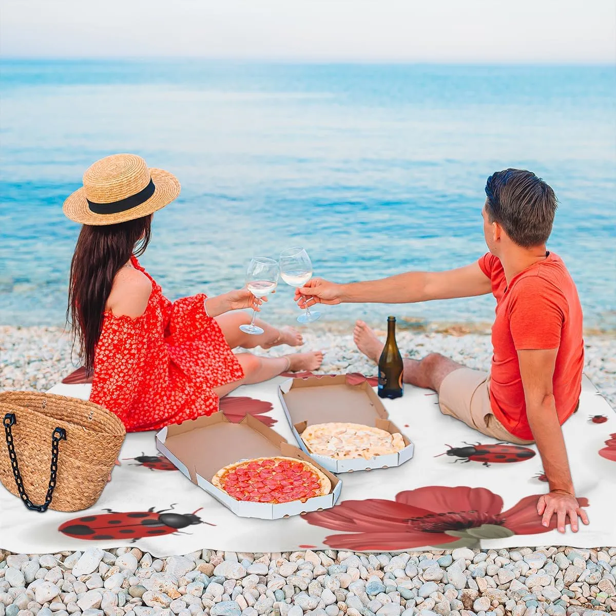 Red Ladybugs Beach Blanket for Adults, 59" x 68" Waterproof Outdoor Picnic Blanket Mat Sand Proof Extra Large Floral Ladybugs Picnic Mat for Beach Travel Camping