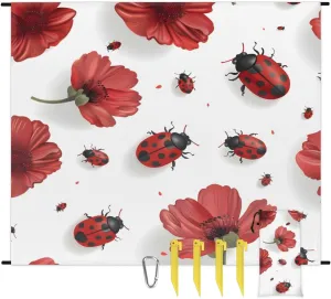Red Ladybugs Beach Blanket for Adults, 59" x 68" Waterproof Outdoor Picnic Blanket Mat Sand Proof Extra Large Floral Ladybugs Picnic Mat for Beach Travel Camping