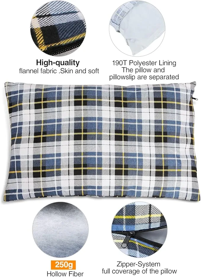 REDCAMP Small Camping Pillow Lightweight and Compressible, Flannel Travel Pillow with Removable Pillow Cover, 2 Pack