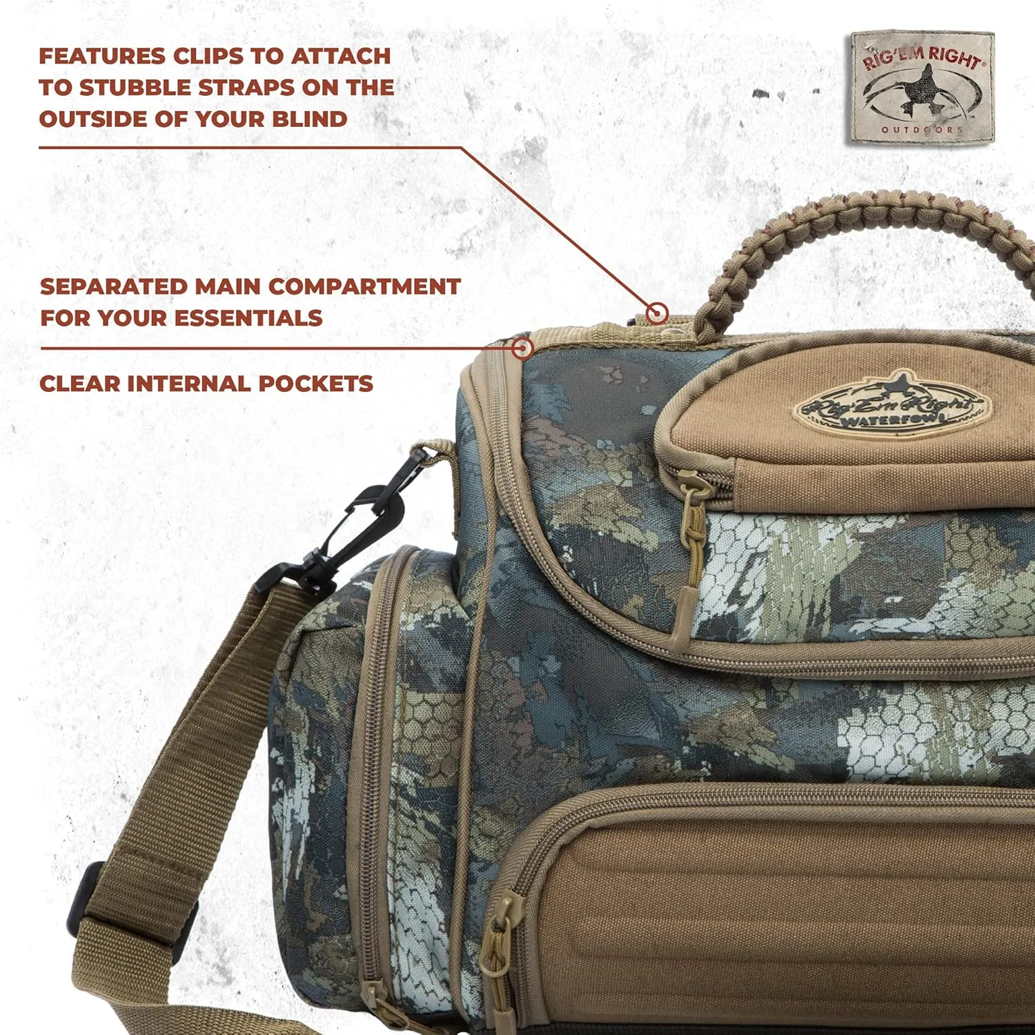 Rig'Em Right Waterfowl Lock and Load Duck Hunting Blind Bag with Molded Ammo Compartments, Sunglasses Case, Drink Holder and More (Optifade Timber Camo)