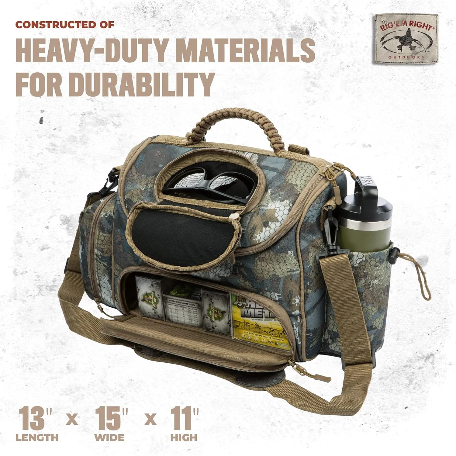 Rig'Em Right Waterfowl Lock and Load Duck Hunting Blind Bag with Molded Ammo Compartments, Sunglasses Case, Drink Holder and More (Optifade Timber Camo)
