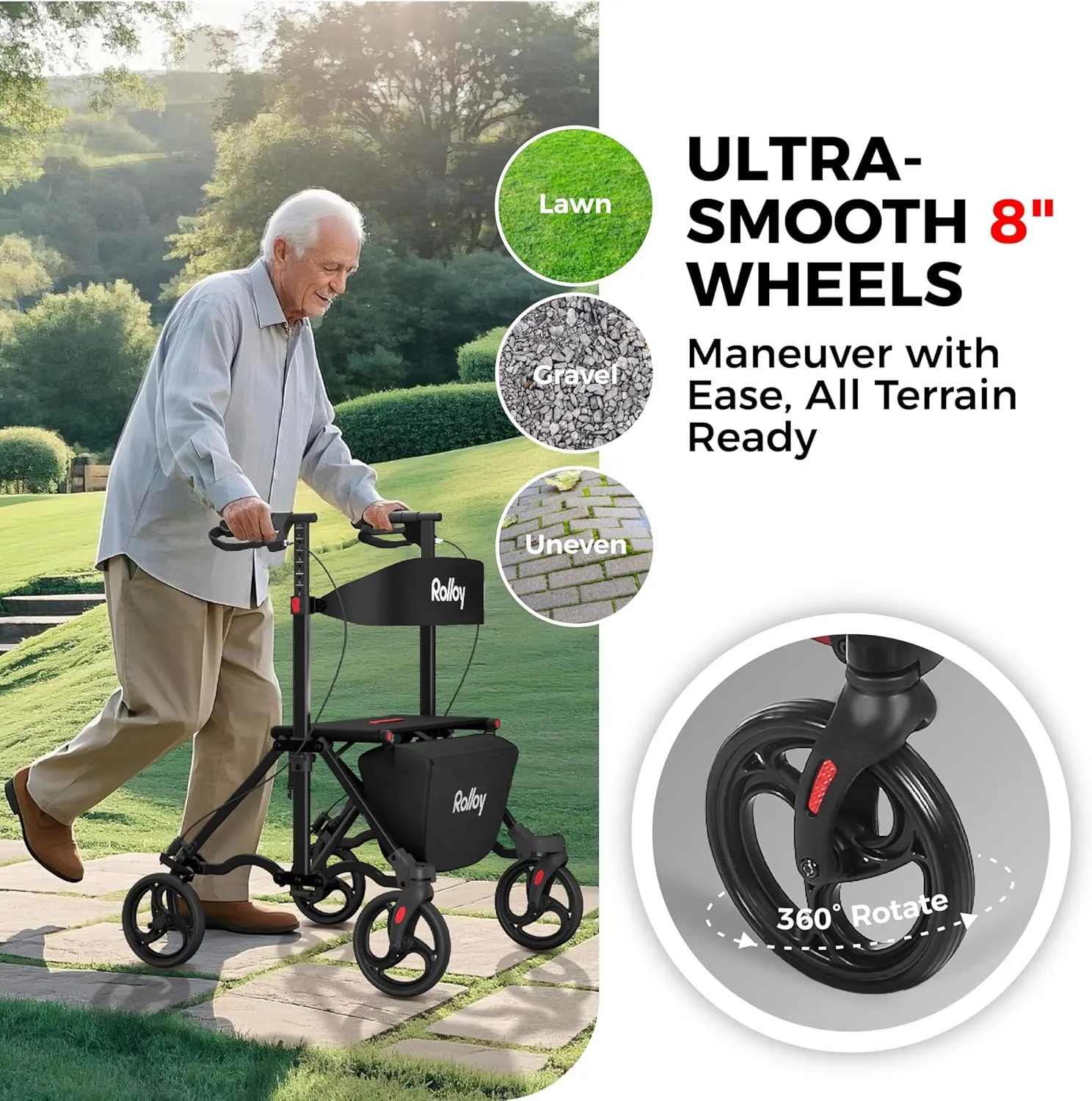 Rollator Walkers for Seniors with Seat, Aluminum Ultra-Compact Travel Rolling Walker, 350lbs Capacity, 20" Extra-Wide Seat, Heavy-Duty, Easy Folding, Height Adjustable for Tall over 6ft, 8" Big Wheels