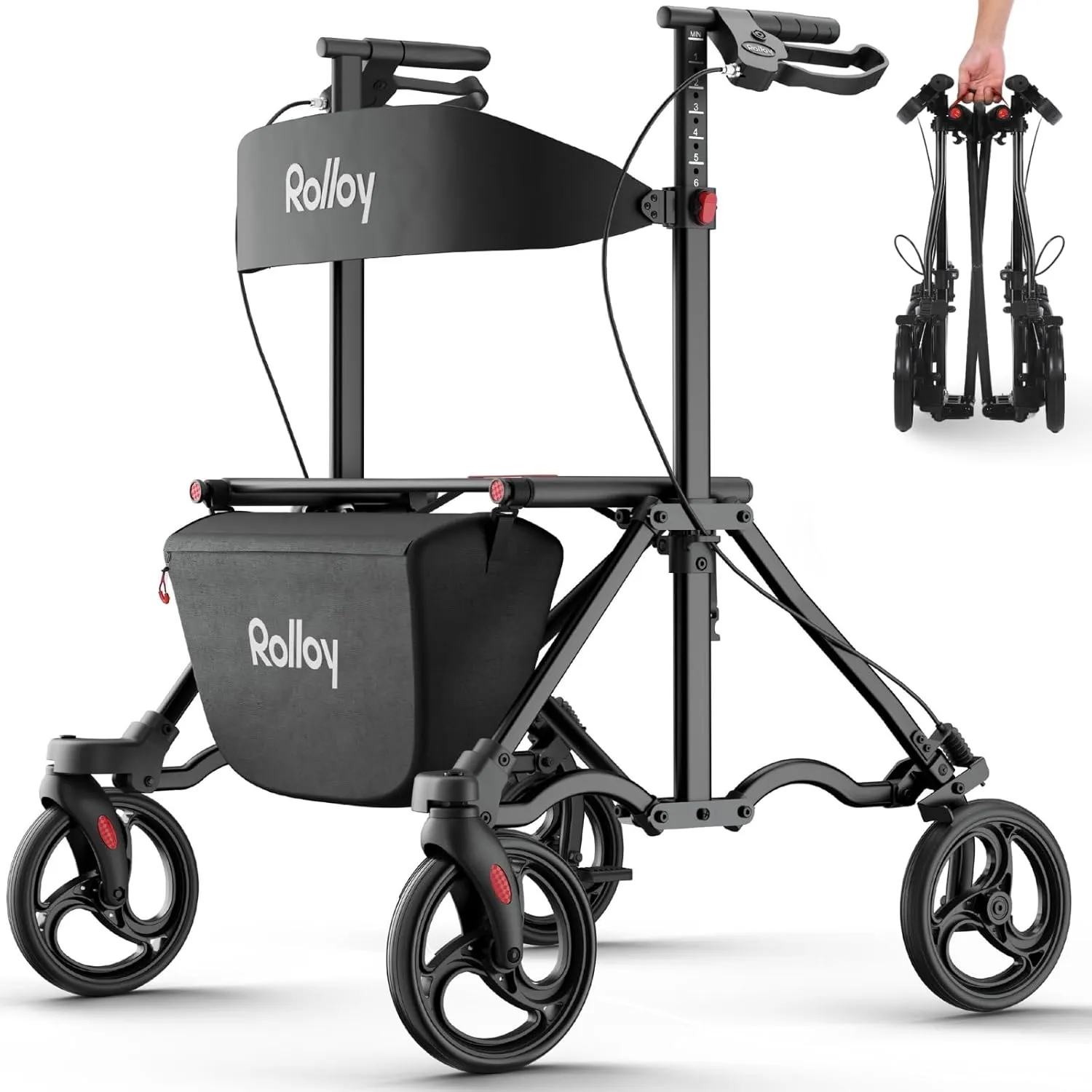 Rollator Walkers for Seniors with Seat, Aluminum Ultra-Compact Travel Rolling Walker, 350lbs Capacity, 20" Extra-Wide Seat, Heavy-Duty, Easy Folding, Height Adjustable for Tall over 6ft, 8" Big Wheels