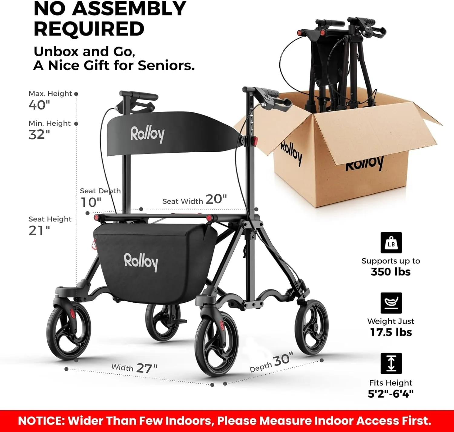 Rollator Walkers for Seniors with Seat, Aluminum Ultra-Compact Travel Rolling Walker, 350lbs Capacity, 20" Extra-Wide Seat, Heavy-Duty, Easy Folding, Height Adjustable for Tall over 6ft, 8" Big Wheels
