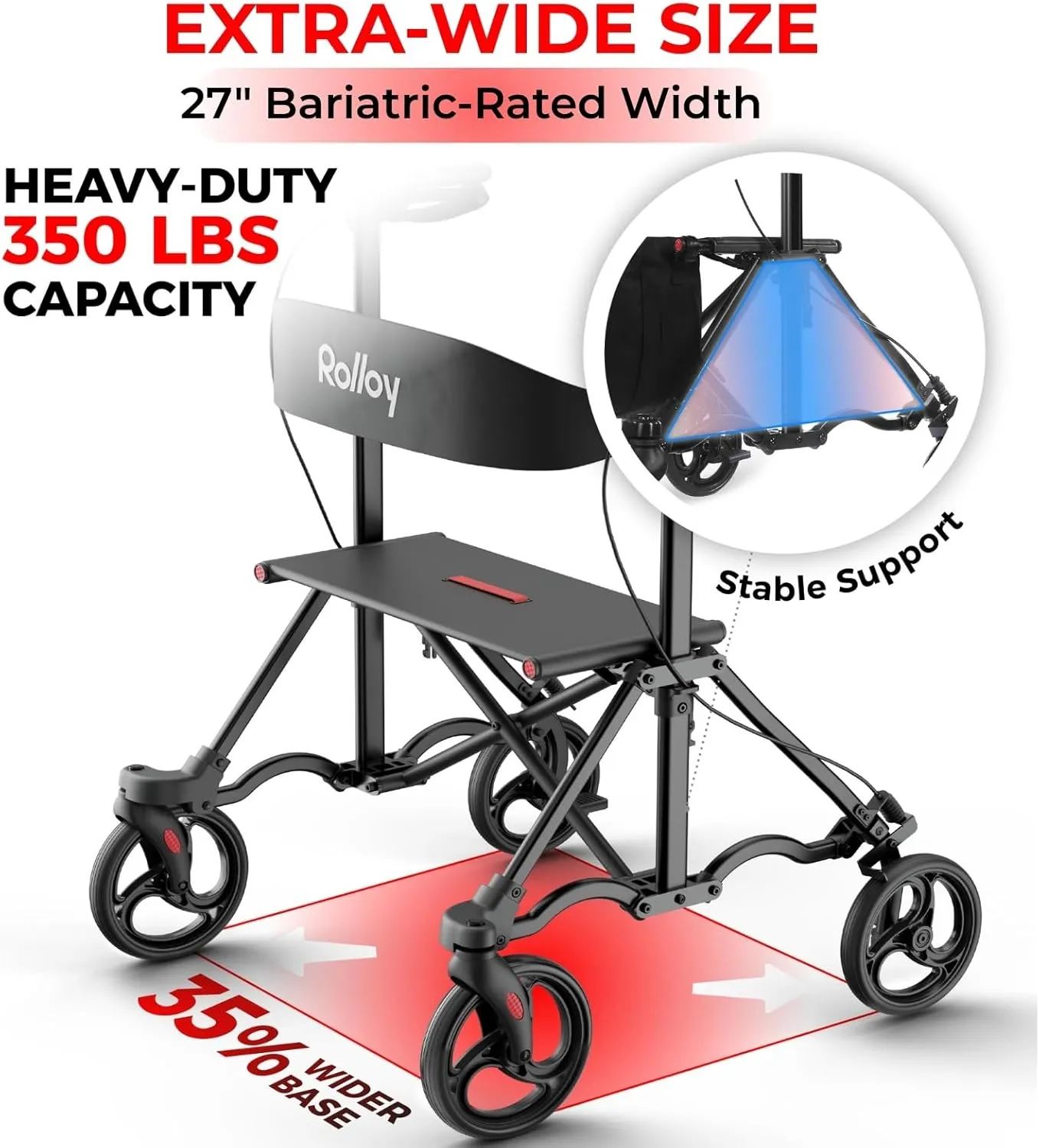 Rollator Walkers for Seniors with Seat, Aluminum Ultra-Compact Travel Rolling Walker, 350lbs Capacity, 20" Extra-Wide Seat, Heavy-Duty, Easy Folding, Height Adjustable for Tall over 6ft, 8" Big Wheels