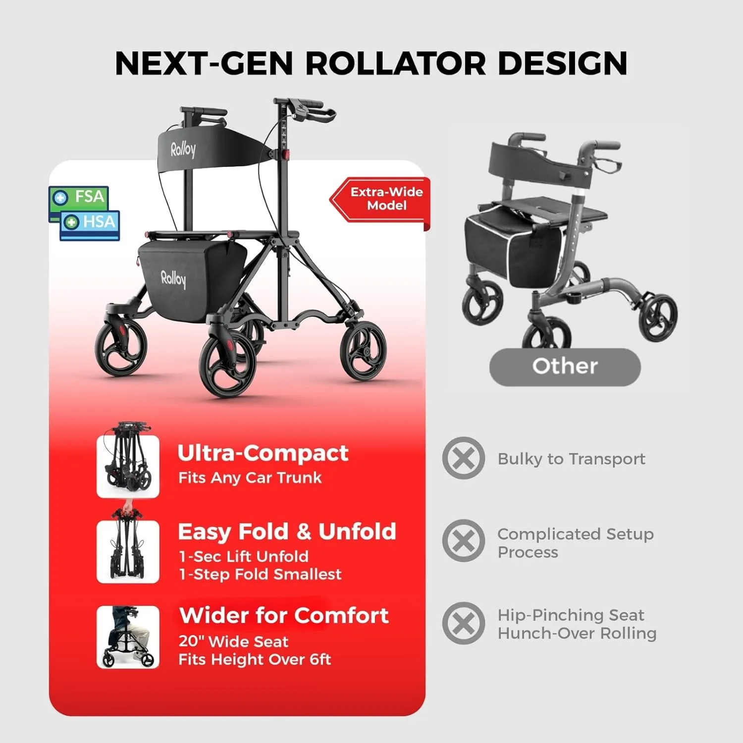 Rollator Walkers for Seniors with Seat, Aluminum Ultra-Compact Travel Rolling Walker, 350lbs Capacity, 20" Extra-Wide Seat, Heavy-Duty, Easy Folding, Height Adjustable for Tall over 6ft, 8" Big Wheels